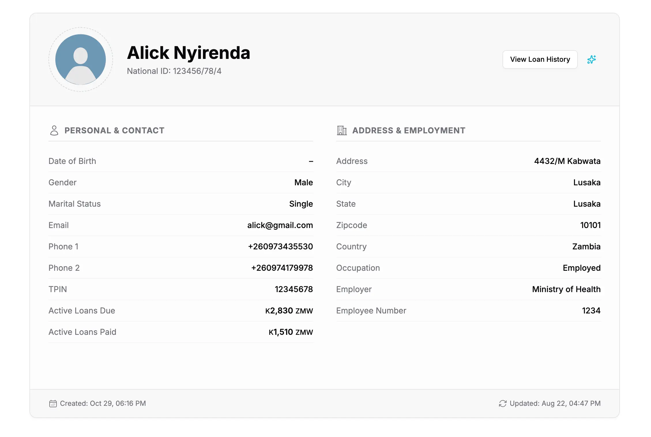 The full borrower profile, scrolled to show every section of the record