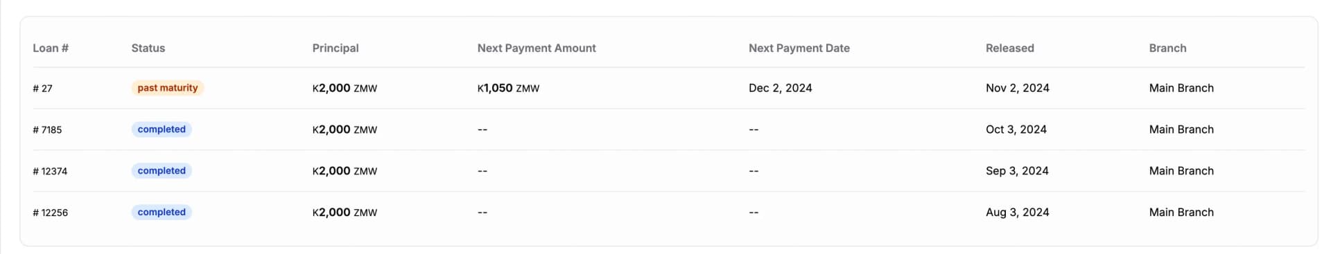 A borrower’s past loans, with amounts, repayment behaviour and days late