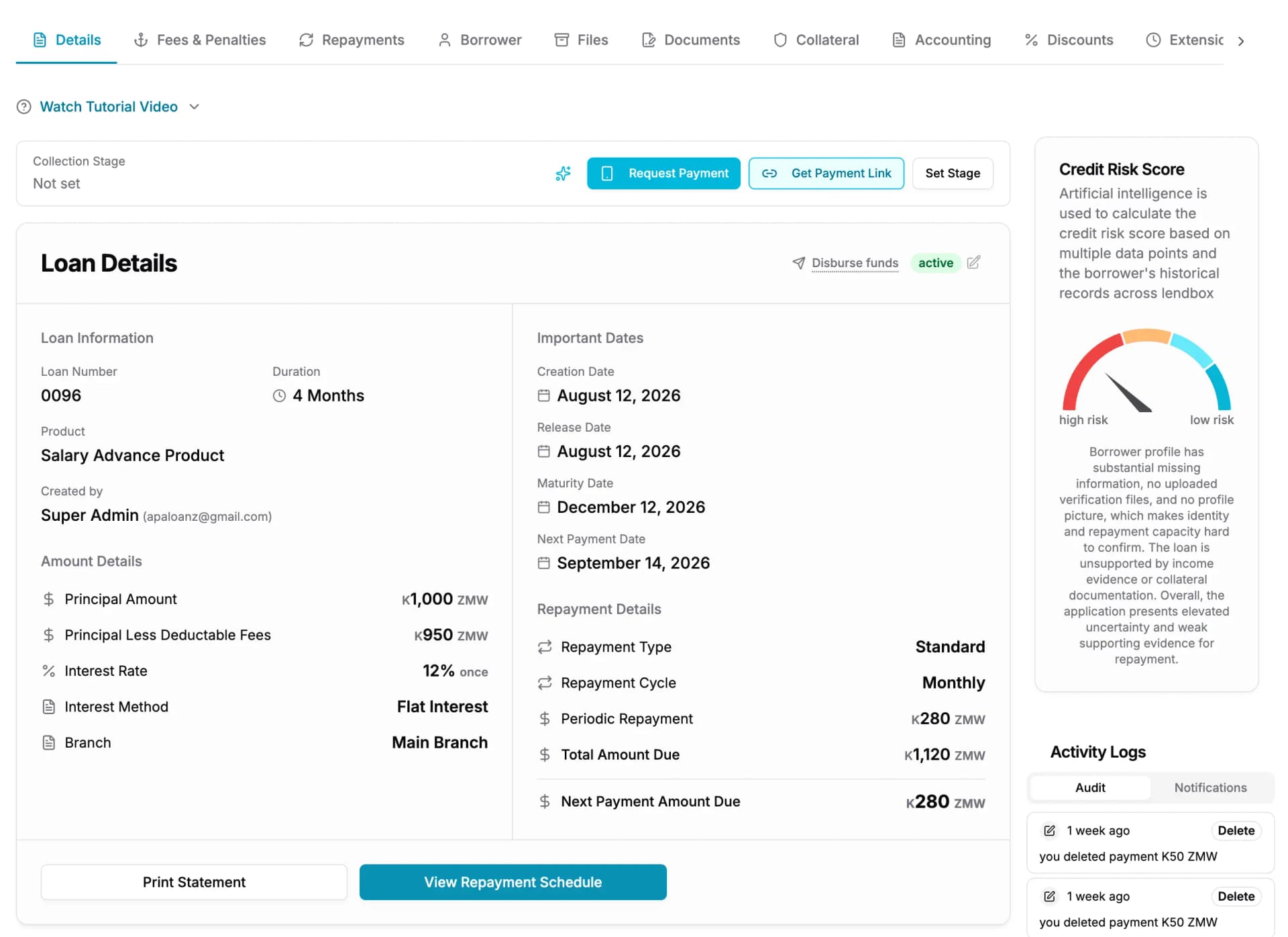 A loan open on the loan details page, showing its schedule, balances and status