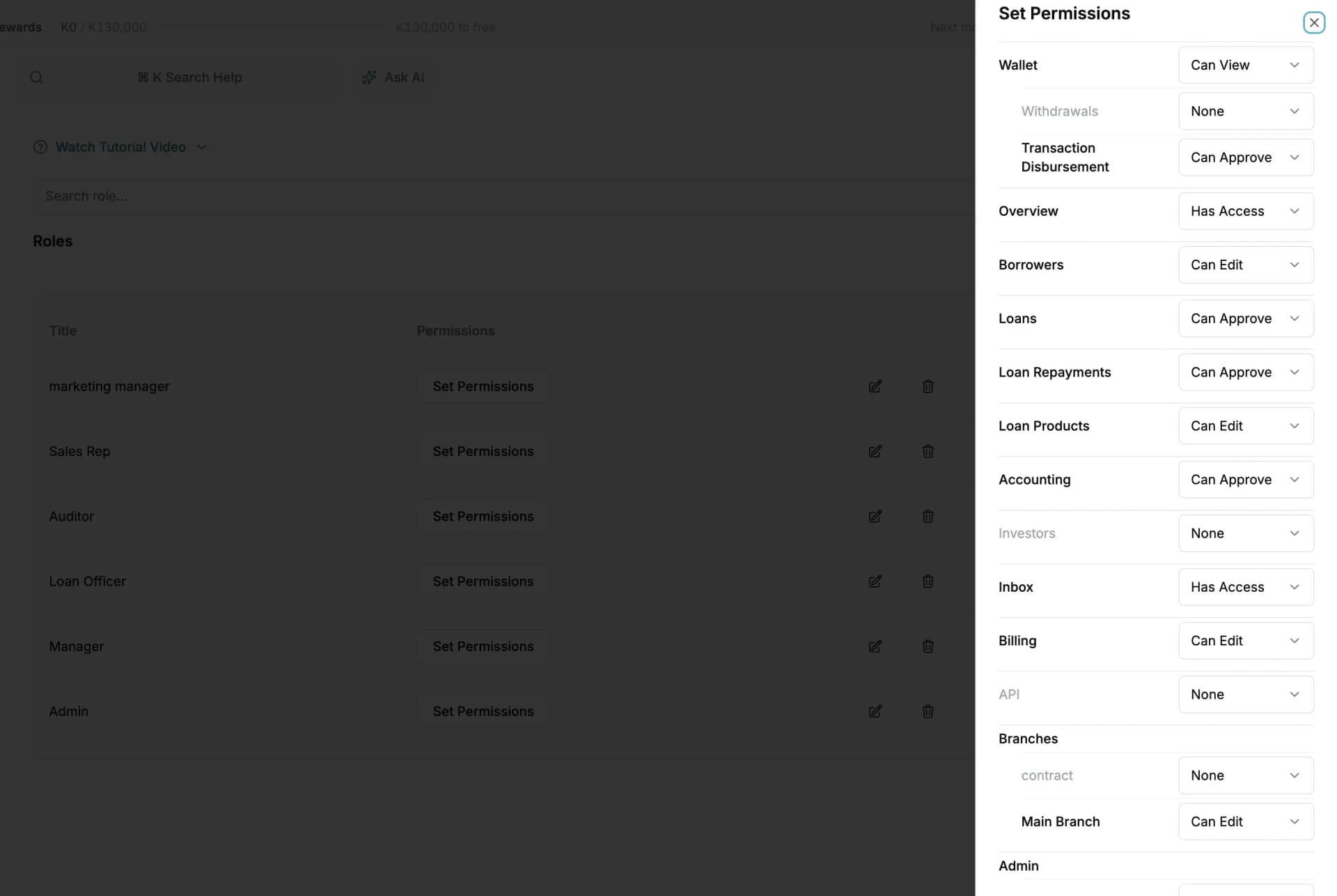 The permission matrix for a staff role, module by module