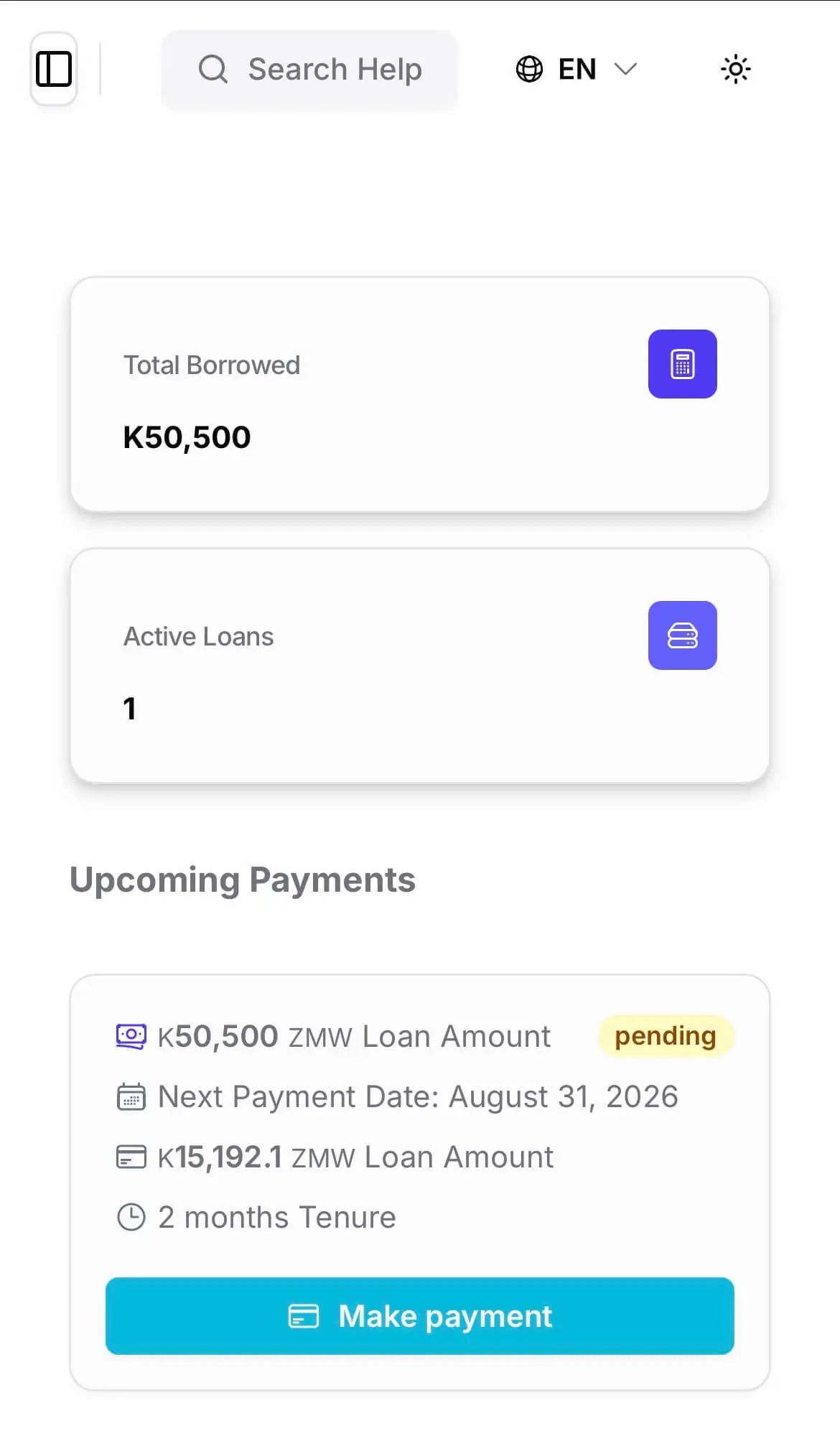 The borrower portal on a phone, showing an outstanding balance and the next payment due