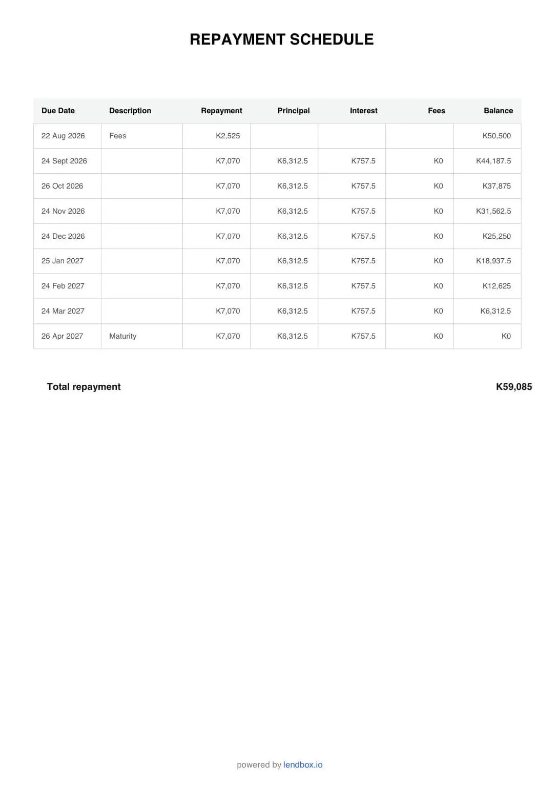 The repayment schedule as the borrower sees it, with paid and upcoming instalments