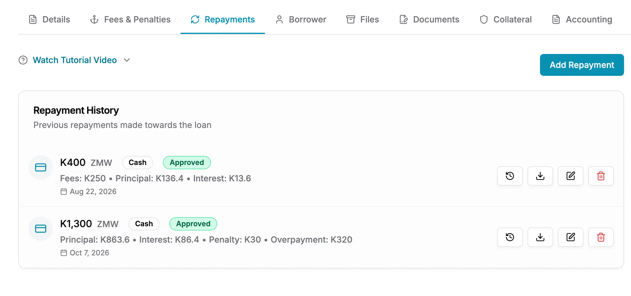 A posted repayment expanded to show how it was allocated