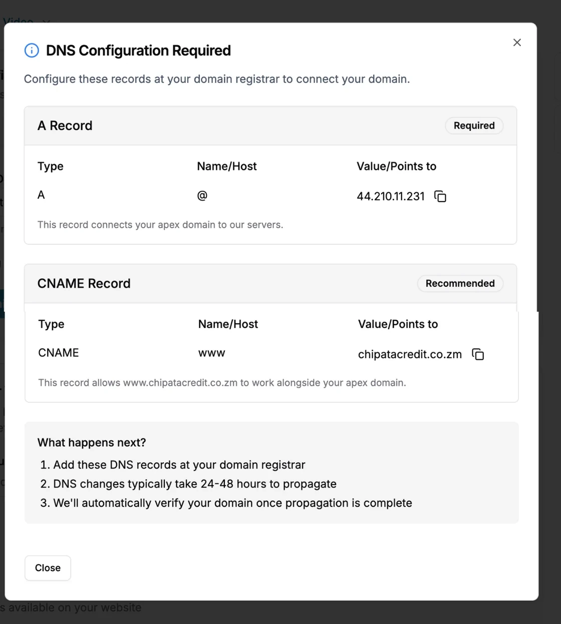 Kadi ya Domain Configuration yenye rekodi za DNS za kuongeza kwa kikoa maalum