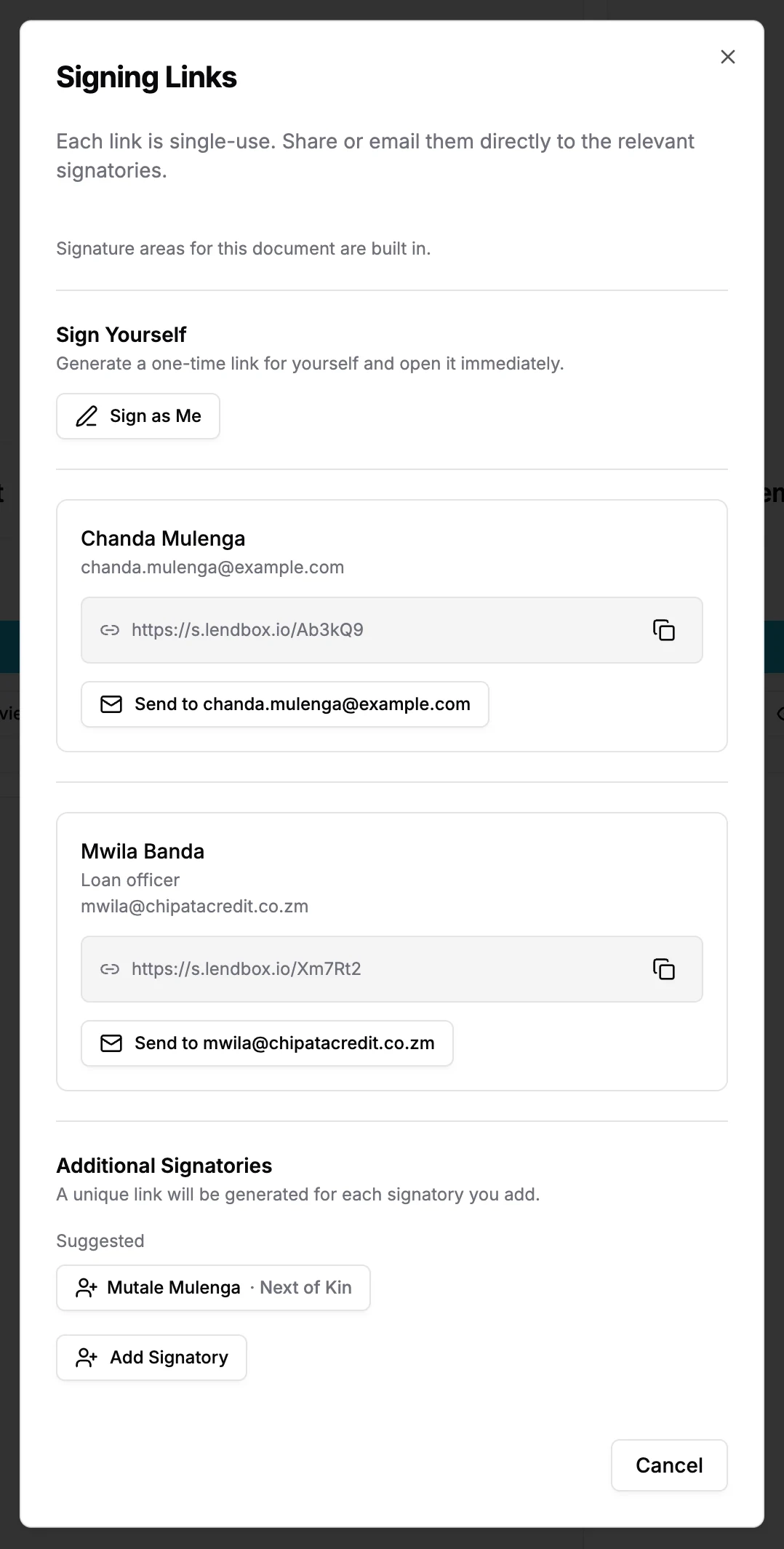 Kidirisha cha Signing Links kwenye mkataba wa mkopo chenye chaguo za mkopaji, afisa wa mikopo na msainiaji wa ziada