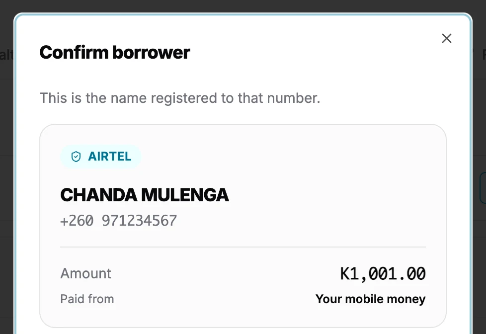 Hatua ya Disburse to borrower ikionyesha jina lililosajiliwa kwenye namba ya pesa za simu inayopokea