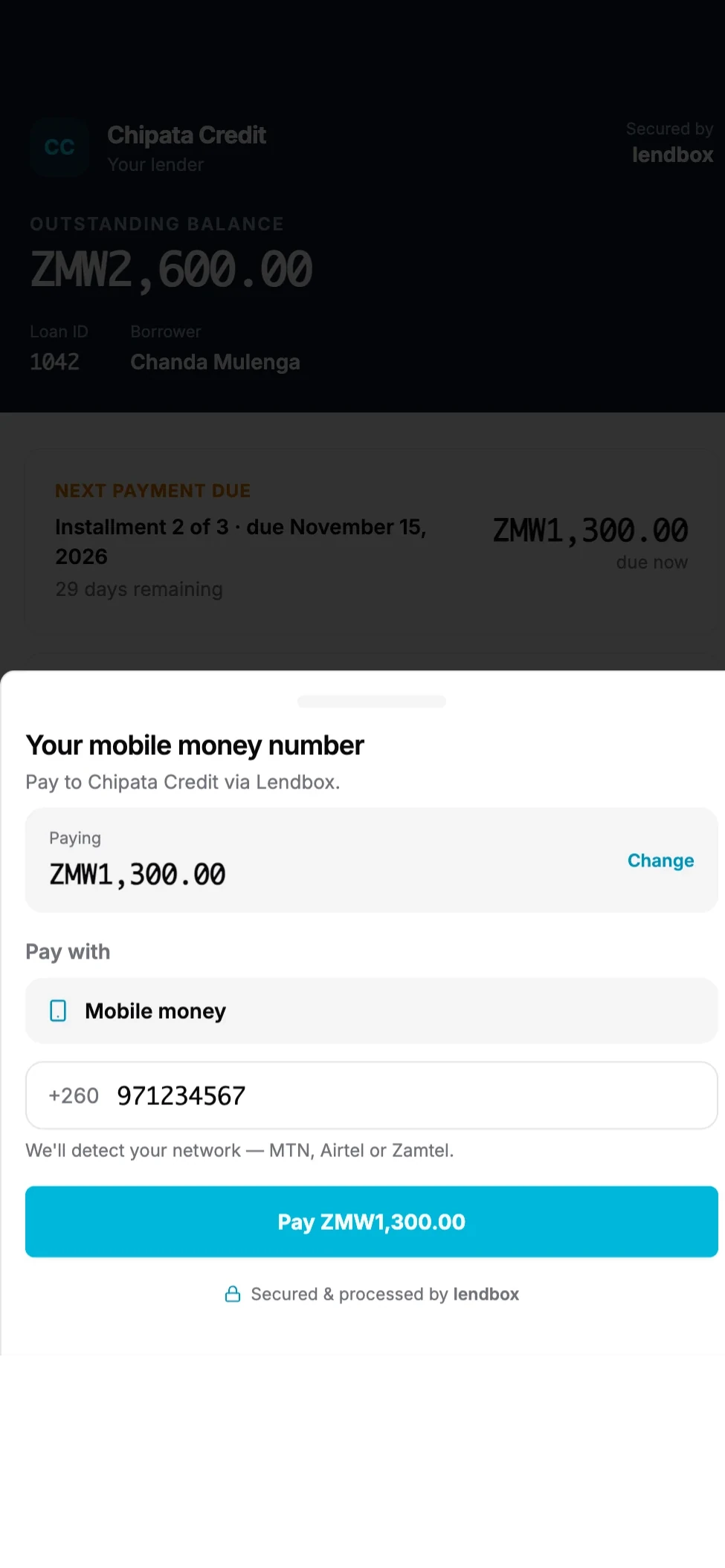 Ukurasa wa malipo ambao mkopaji anafungua kutoka kiungo cha malipo, kiasi na namba ya pesa za simu zikiwa zimejazwa