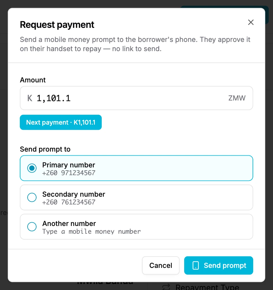 Kidirisha cha Request Payment kwenye mkopo, kikitoa namba ya msingi na ya pili ya mkopaji