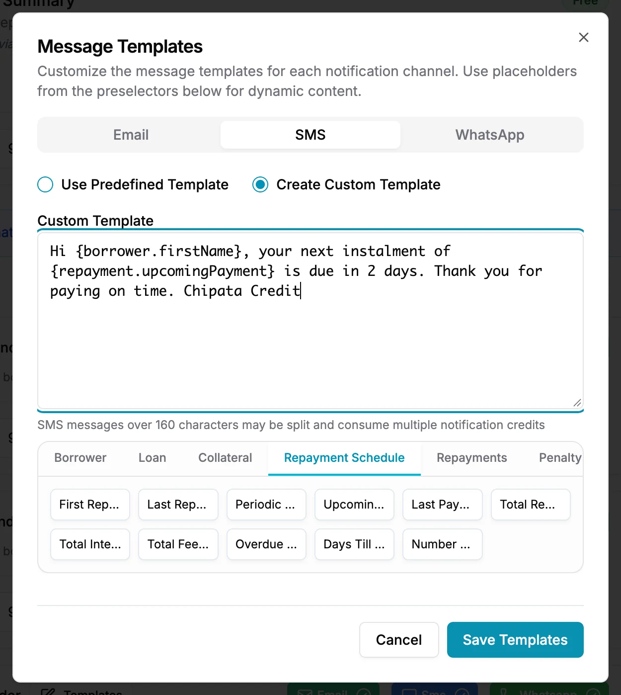 Ang Message Templates dialog na may custom SMS reminder at ang placeholder picker